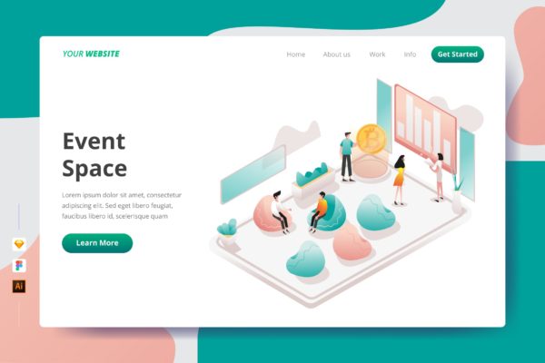 工作场所活动空间矢量插画网站着陆页设计素材库精选模板 Event Space – Landing Page