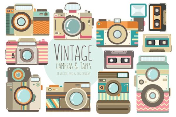 复古照相机矢量剪贴画 Vintage Cameras Vector Clipart Set