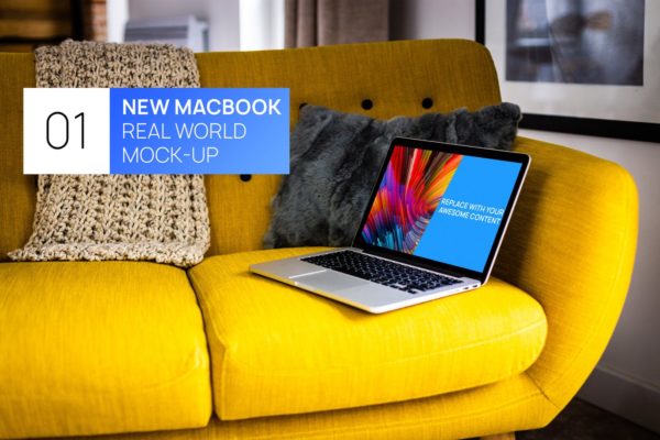 布艺沙发场景MacBook视网膜屏演示素材库精选样机模板 MacBook Retina on Bright Sofa Real World Mock-up