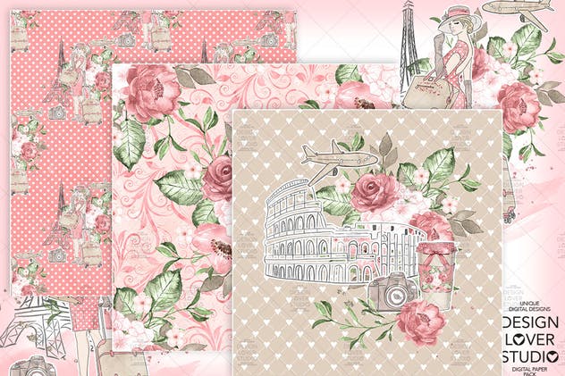 旅行花卉元素剪贴画素材合集 Travel woman digital paper pack插图(4)