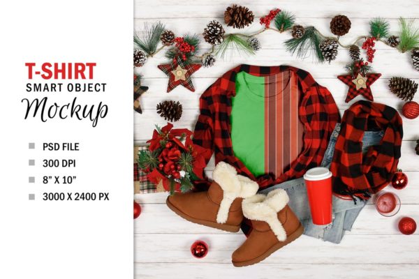 圣诞节T恤平铺展示样机模板 Christmas T-Shirt Mockup Flatlay Photoshop PSD