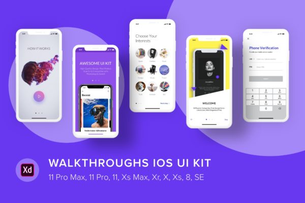 iOS平台APP应用功能引导页设计模板[for XD] Walkthroughs iOS UI Kit (Adobe XD)