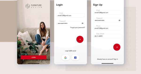 家具网上商城APP注册登录页面设计SKETCH模板 Login, Signup screens for Furniture App