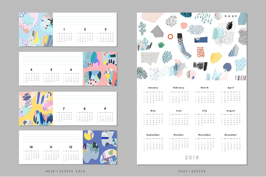 彩色涂鸦印象派日历年历模板 2018 CALENDARS set插图(5)