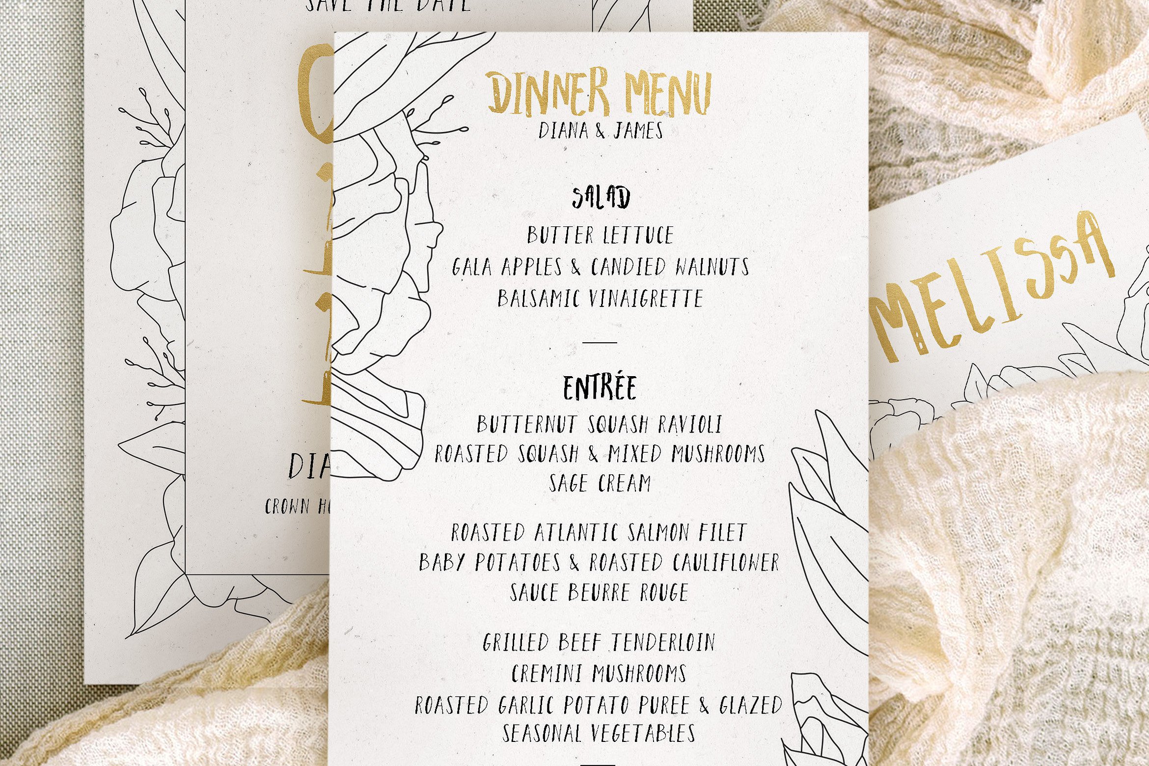 简笔画手绘花卉婚礼设计套装 Simple Floral Outline Wedding Suite插图(3)