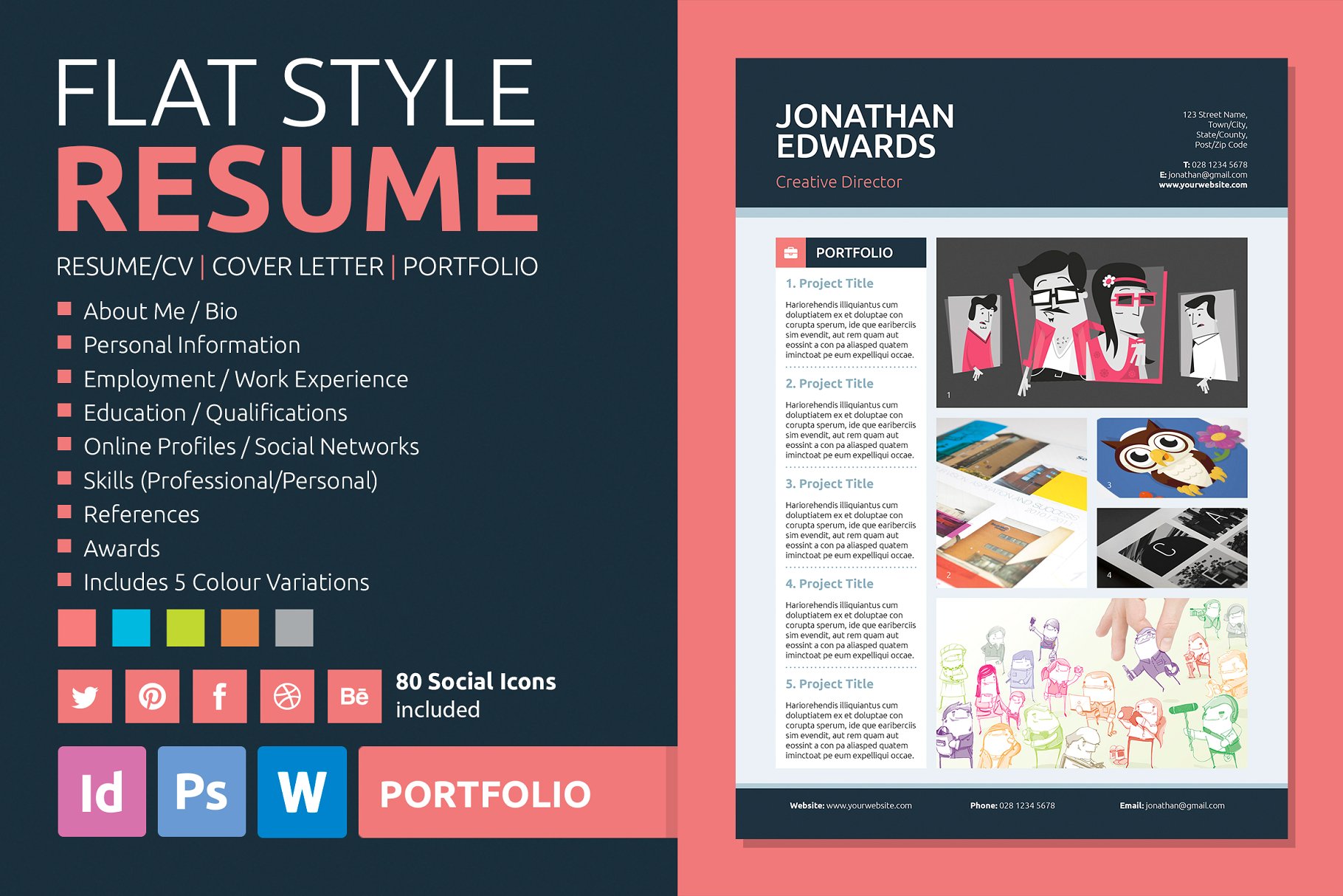 多种配色扁平风格专业设计师简历模板 Resume/CV – Flat Style插图(2)