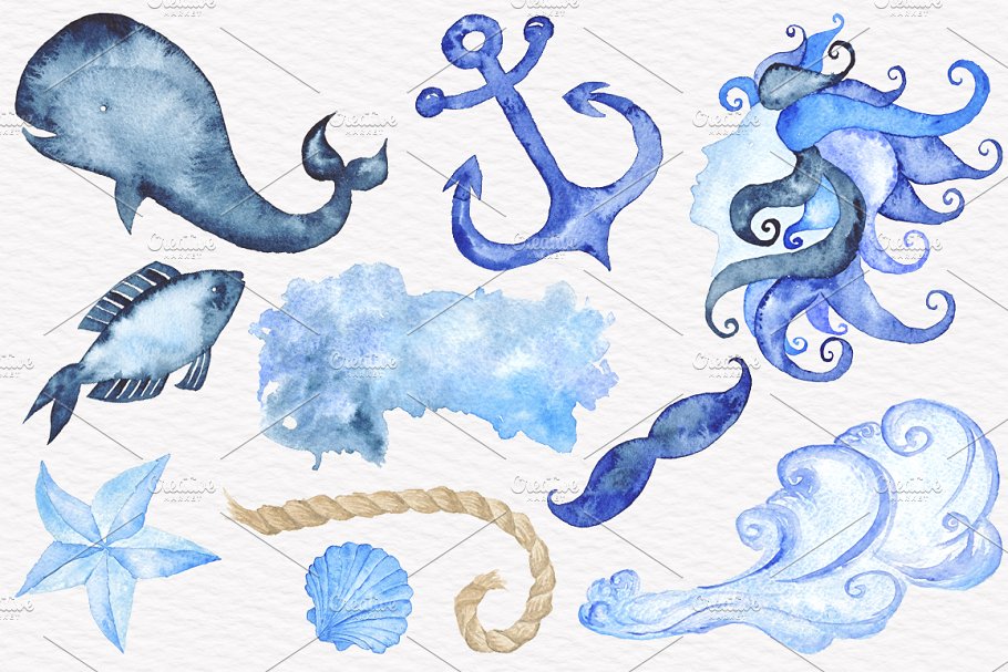 高质量水彩手绘航海元素剪贴画 Nautical Watercolor Clipart插图(2)