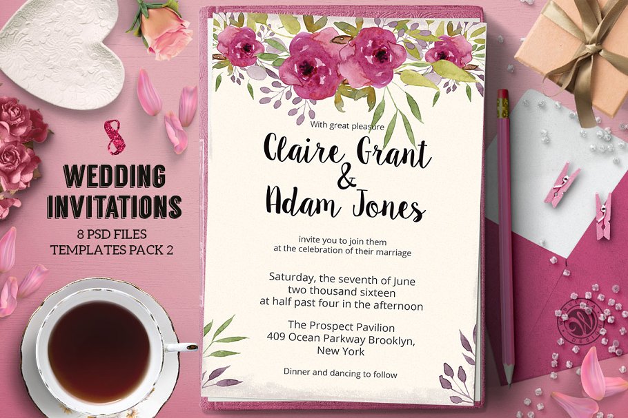 8款粉色少女元素婚礼邀请函模板 8 Wedding Invitations Pack 2插图(3)