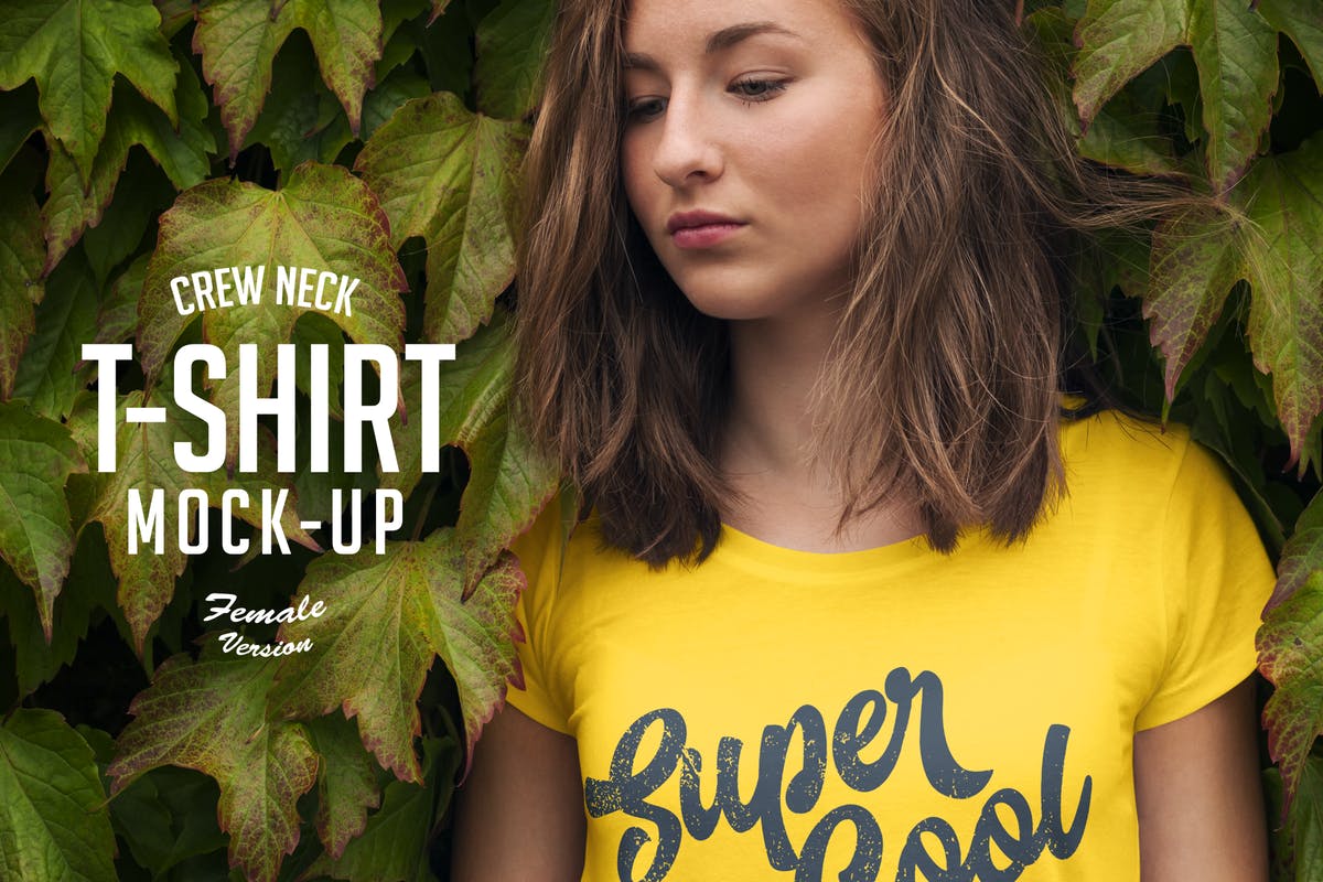 女款V领T恤欧美时装模特上身效果样机 Crew Neck T-shirt Mock-up Female Version插图