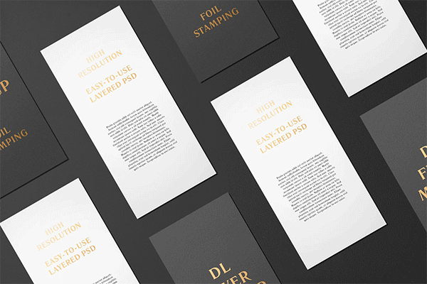 高端逼真质感得DL传单名片铝箔冲压特殊工艺VI样机展示模型mockups