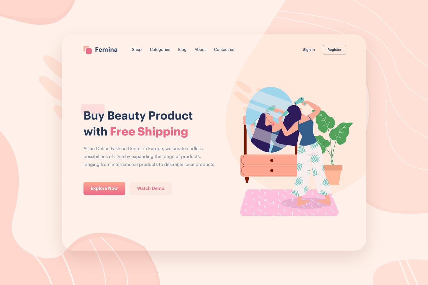 美容产品营销网站矢量插画设计素材 Beauty Product Illustration – Website Header插图