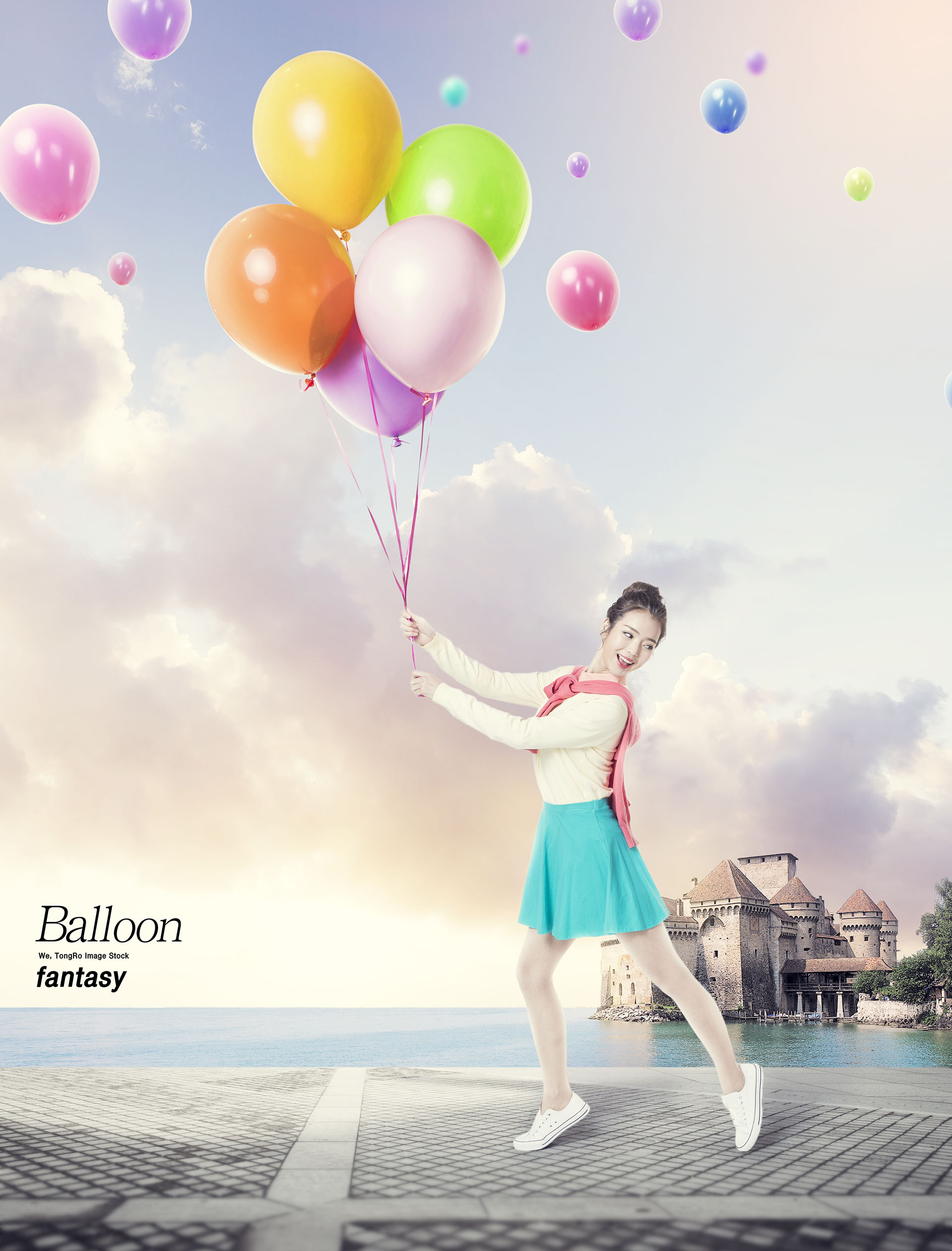 梦幻三八妇女节气球清新阳光女孩创意场景PSD海报模板插图(1)