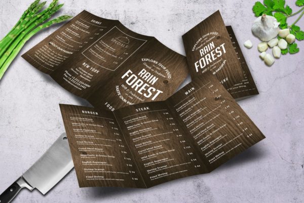 复古木纹三折页食物菜单设计模板 Rain Forest Trifold A4 &amp; US Letter Menu