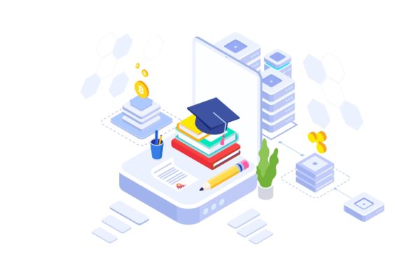 教育基金区块链平台等距概念插画v4 Education Fund Blockchain Platform Isometric – FV