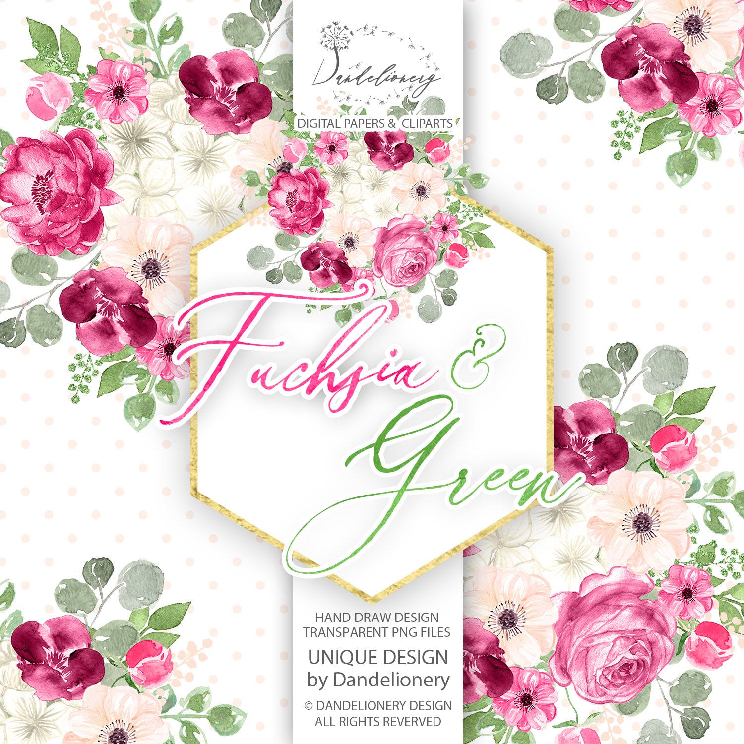 紫红色与绿色水彩手绘图案设计素材 Watercolor Fuchsia And Green design插图(3)