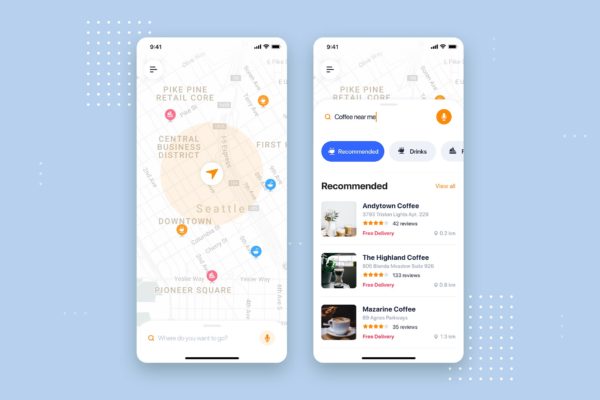 在线订餐APP应用餐厅搜索推介界面UI设计素材库精选模板 Food Delivery Mobile App UI Kit Template
