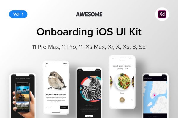iOS平台APP应用用户引导页设计XD模板v1 Awesome iOS UI Kit – Onboarding Vol. 1 (Adobe XD)