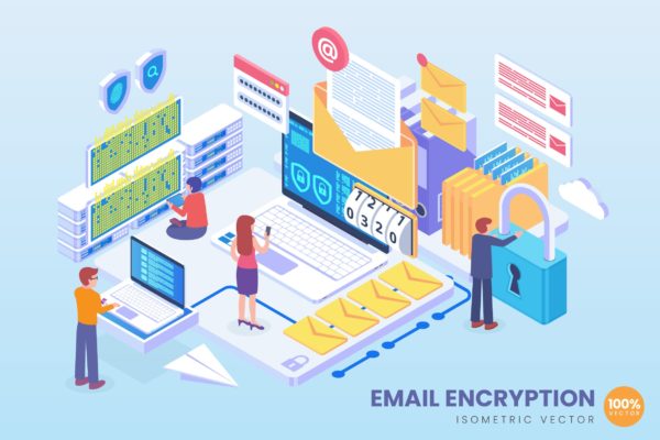 电子邮件加密技术等距矢量科技素材库精选概念插画 Isometric Email Encryption Technology Vector