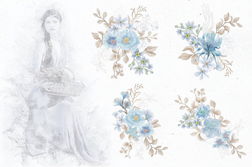 粉蓝色水彩手绘花卉剪贴画PNG素材库精选设计素材 Powder Blue Watercolor Design Collection插图(3)