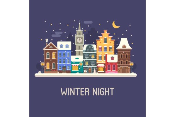 欧洲城镇圣诞节夜景场景插画 Europe Christmas Street