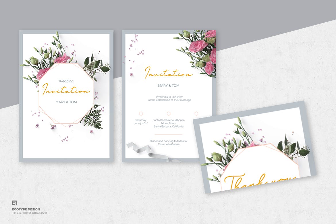 花卉装饰艺术风格婚礼邀请设计套件 Wedding Invitation Set插图(1)