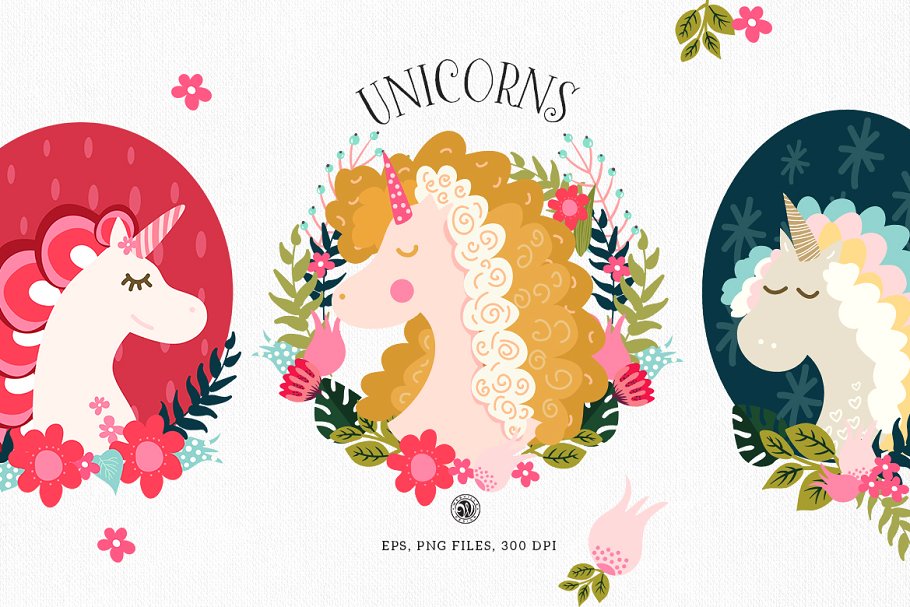 手绘矢量女性化独角兽剪贴插画 Unicorns – cliparts and patterns插图