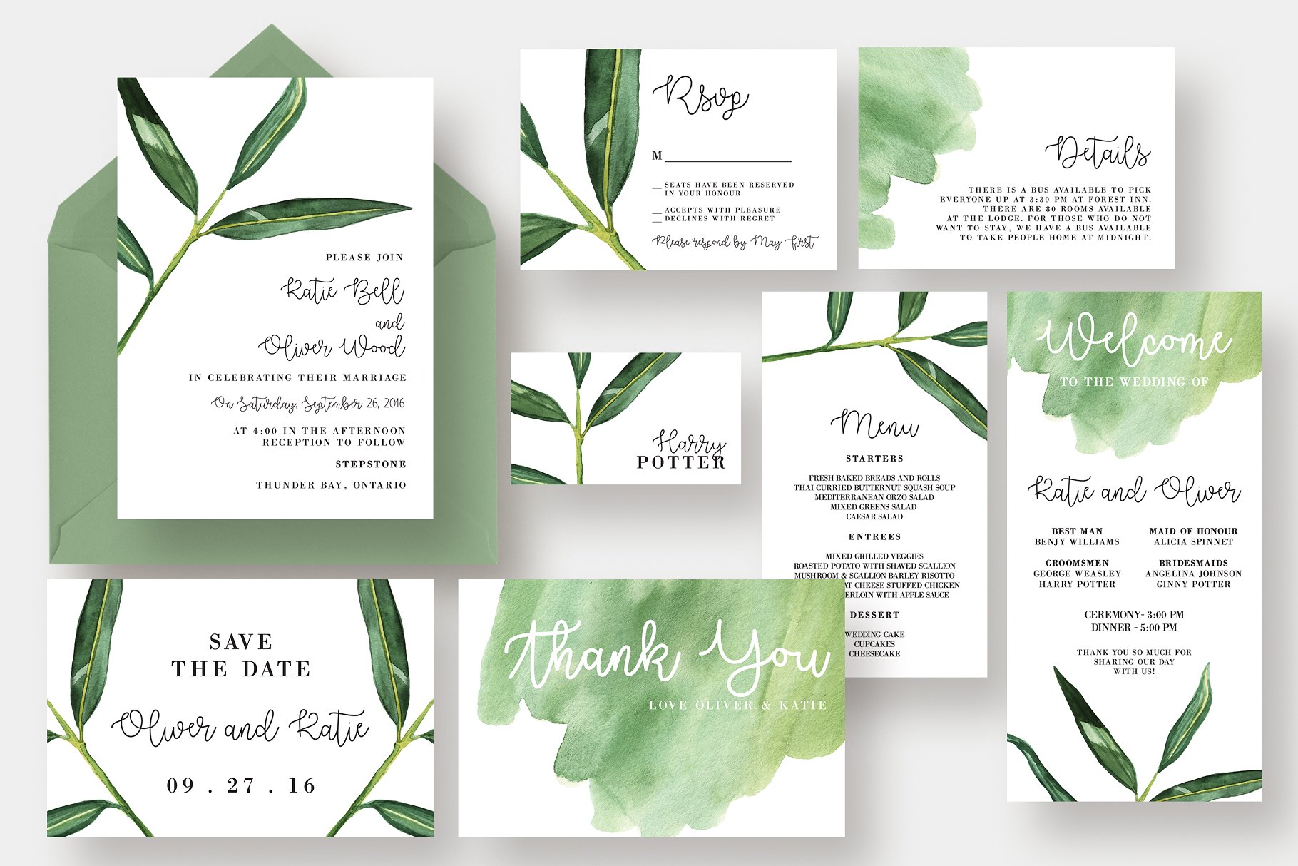 水彩叶子花边婚礼邀请函模板套装 Watercolor Leaf Wedding Suite插图