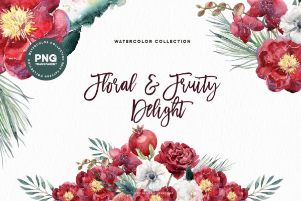 水彩花卉&amp;水果剪贴画 Watercolor Floral &amp; Fruity Delight