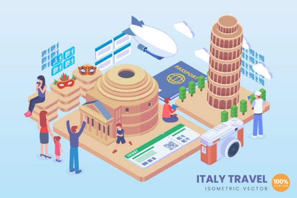 意大利旅行主题等距矢量素材库精选概念插画 Isometric Italy Travel Vector Concept