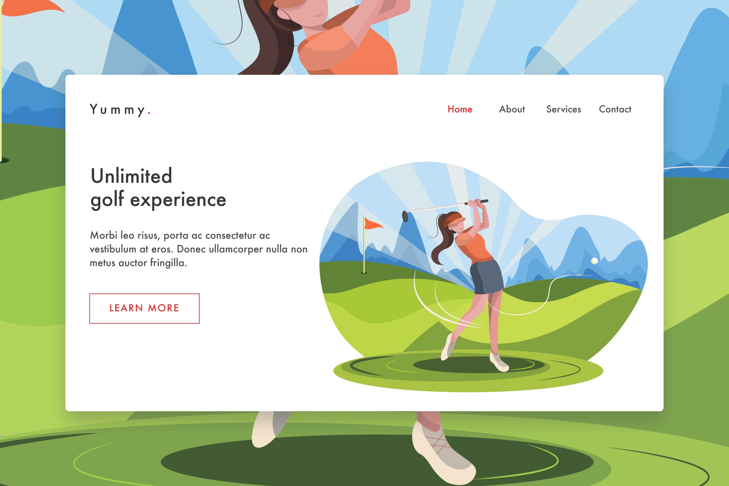 高尔夫运动员手绘插画网站着陆页设计模板 Playing Golf on the Field web template for Landing插图