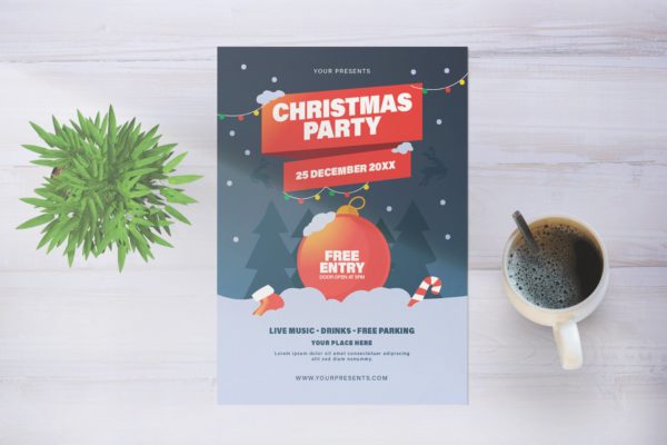圣诞装饰球圣诞节主题派对活动海报传单模板 Christmas Party