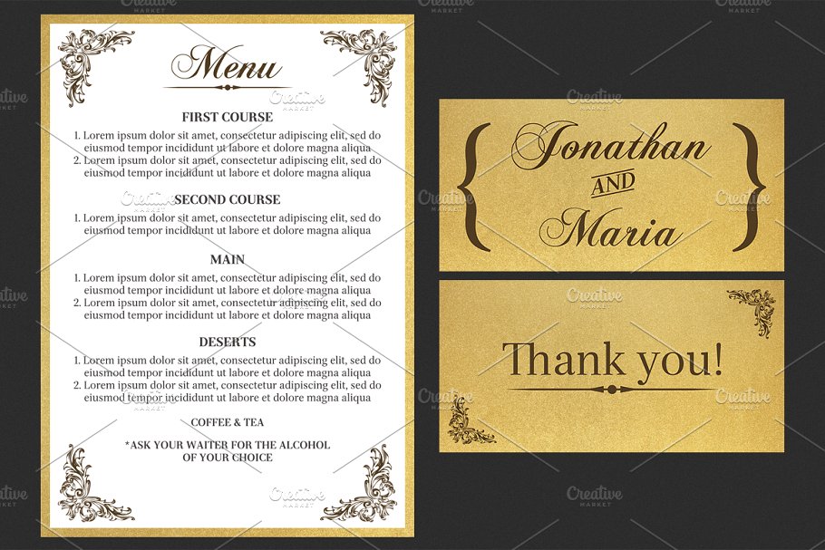 复古黄金色调婚礼邀请函模板套装 Gold Wedding Invitation Set插图(2)