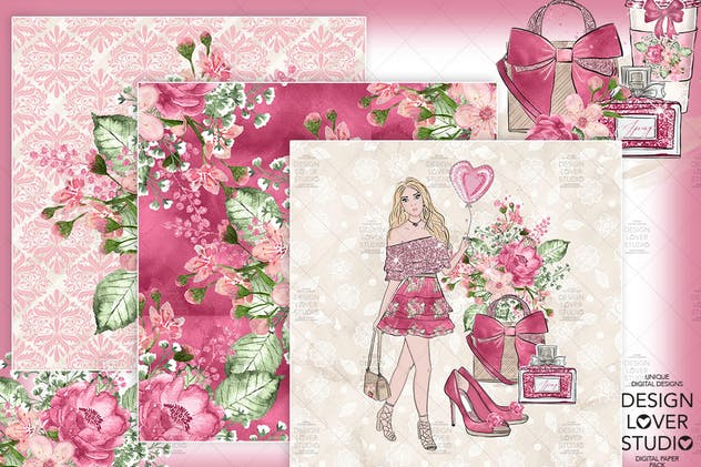 情人节礼物腮红色水彩花卉剪贴画设计素材 Spring Girl digital paper pack插图(3)