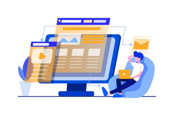 Web开发主题矢量插画素材 Web developer linking websites on sofa vector