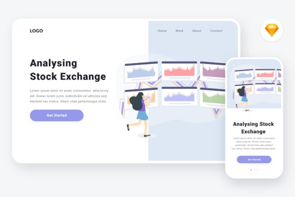 证券交易所数据分析主题Web&amp;APP插画设计素材[SKETCH&amp;SVG] Analysing stock exchange illustration (Sketch,SVG)