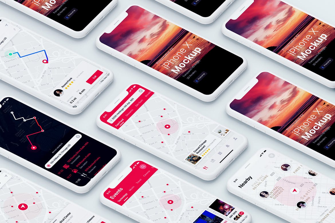 APP界面设计截图预览iPhone X手机样机模板v1 Presentation Kit – iPhone showcase Mockup插图(1)
