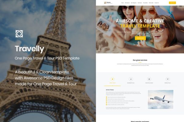 旅行主题单页设计网站PSD模板 Travelly – One Page Travel &amp; Tour PSD Template
