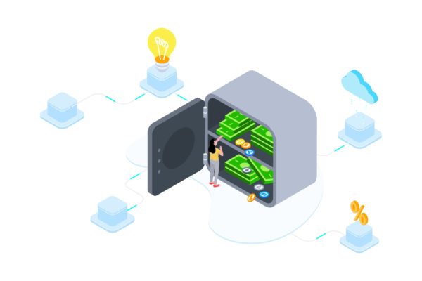 区块链金融印花存款概念插画素材v3 Saving Money on Blockchain Isometric 3 – TU