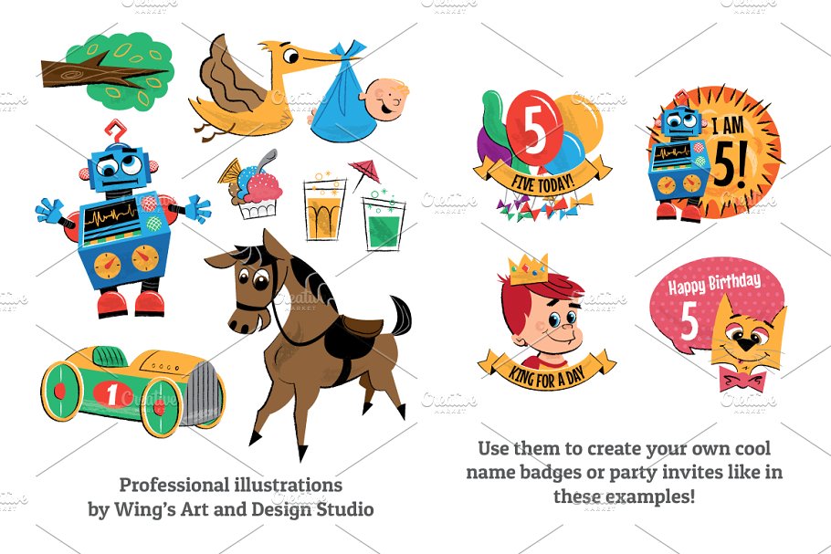 复古彩色风格儿童聚会派对插图 Children’s Party Illustrations插图(2)