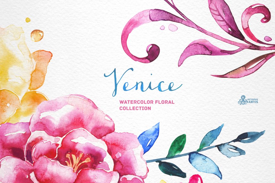 威尼斯水彩花卉设计素材收藏 Venice. Watercolor floral collection插图(2)