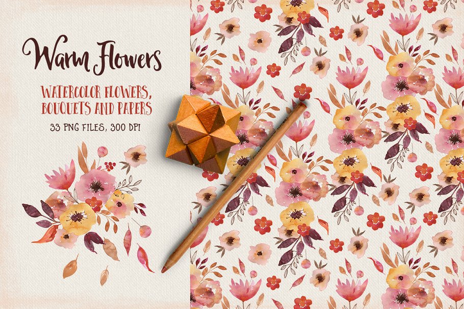 暖色系水彩花卉剪贴画 Warm Flowers插图