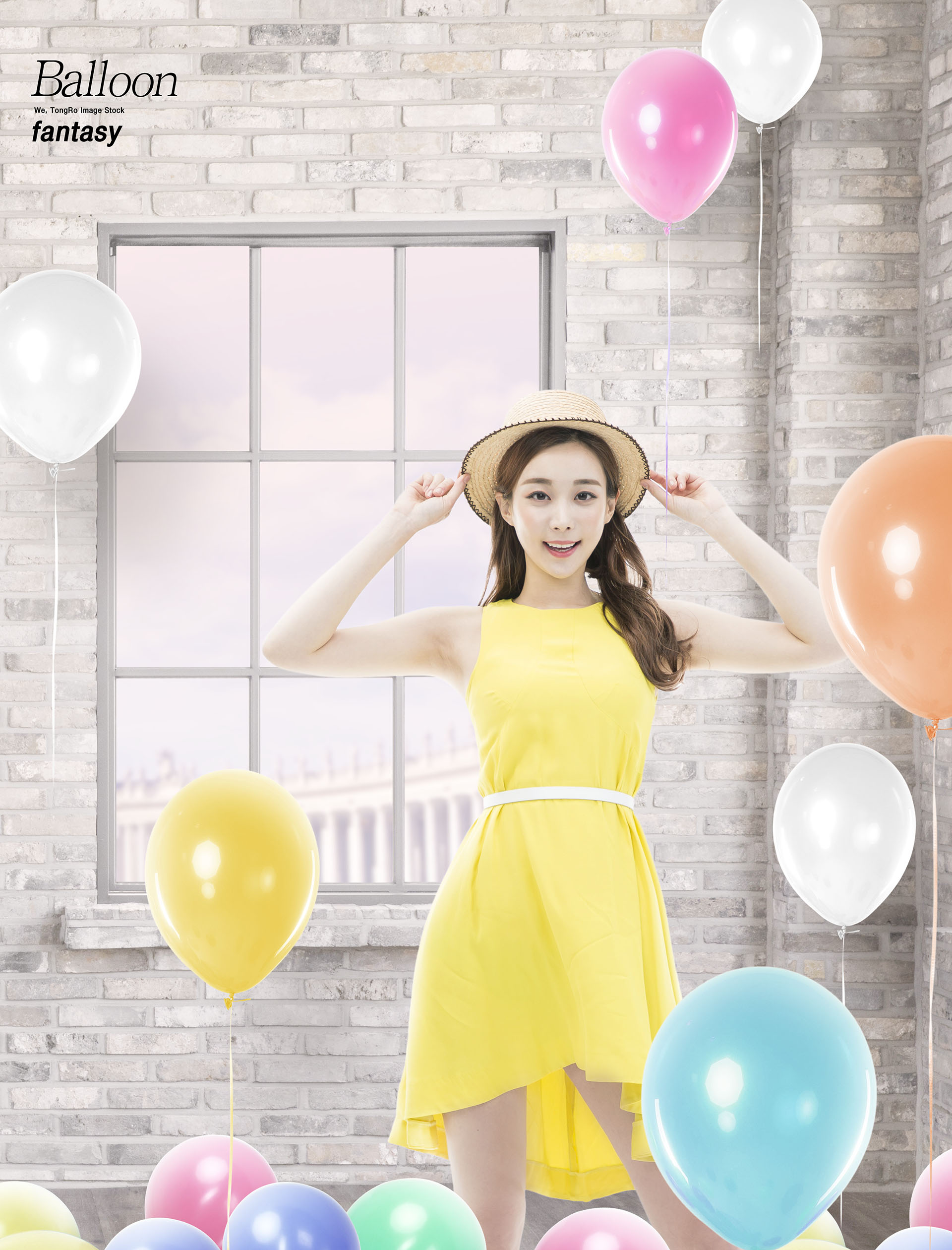 梦幻三八妇女节气球清新阳光女孩创意场景PSD海报模板插图