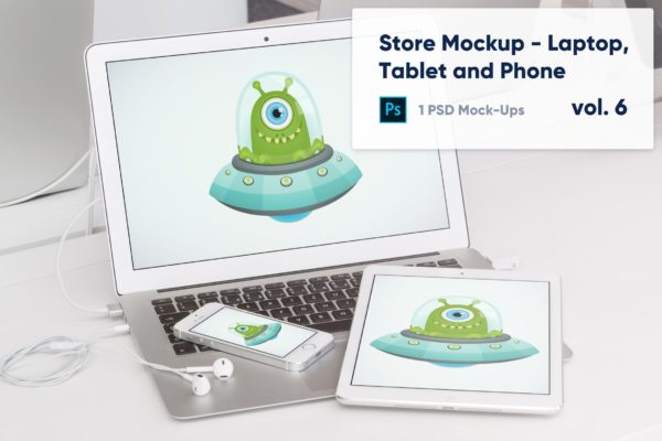 零售店展柜笔记本电脑/平板电脑/手机屏幕预览素材库精选样机v6 Laptop, Tablet and Phone Mockup in the Store