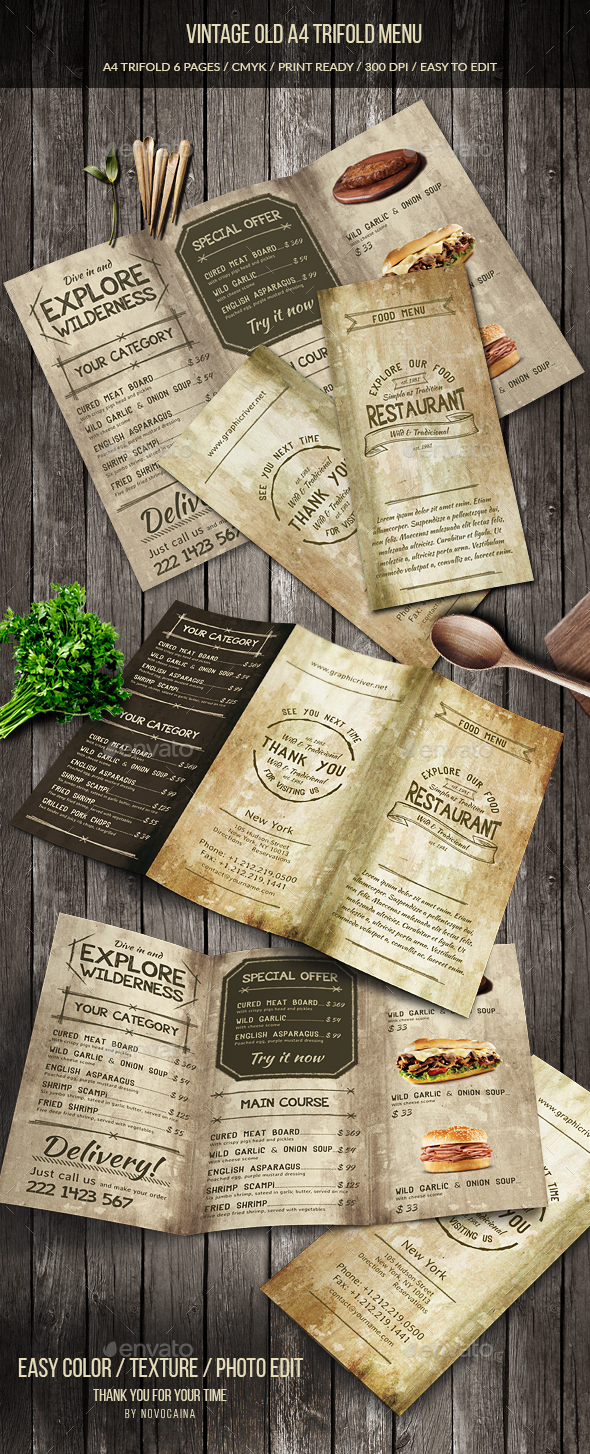 老式复古的三折页食物菜单模板下载 Vintage Old A4 Trifold Menu [psd]插图