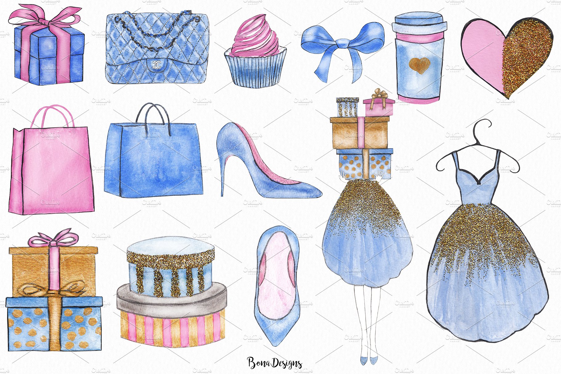水彩风格的时尚购物剪贴画合辑下载[png]插图(2)