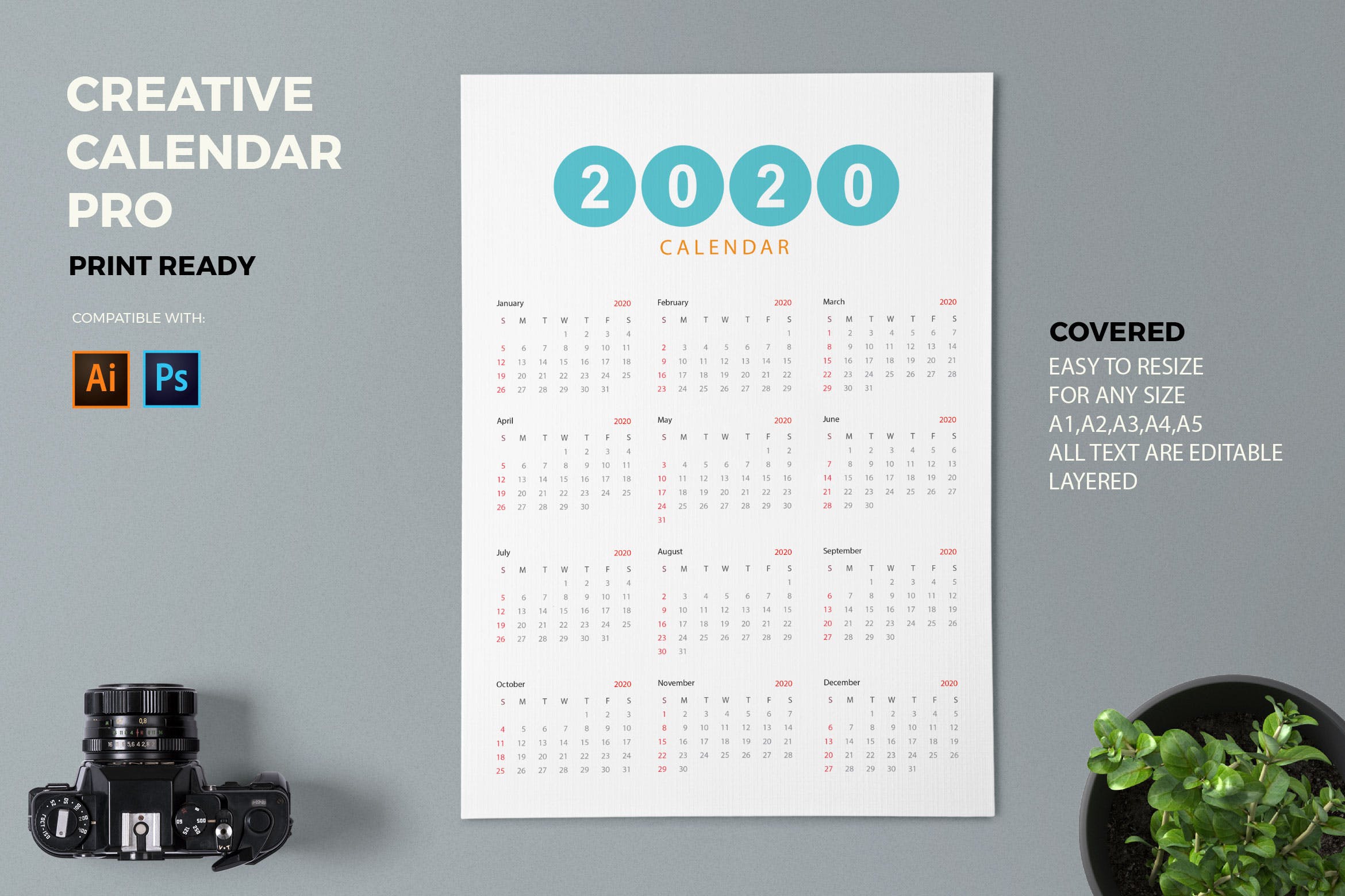 简约设计风格2020年单页日历设计模板 Creative Calendar Pro 2020插图