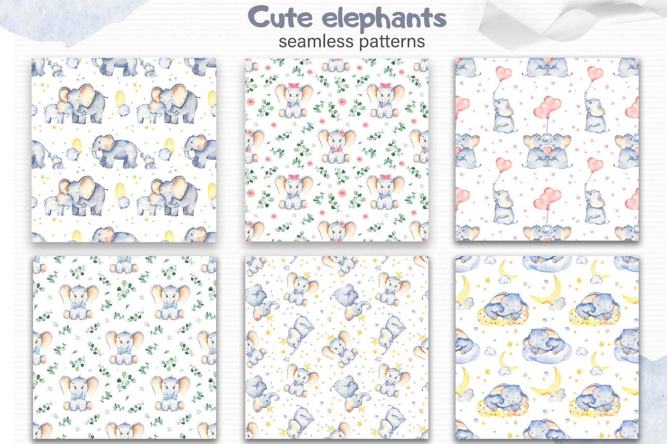 可爱卡通小象水彩手绘剪贴画&卡片素材 Watercolor cute elephants. Clipart and cards插图(4)