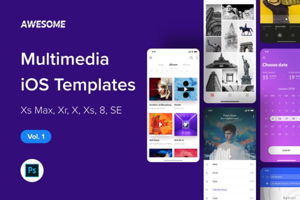 iOS手机多媒体APP应用用户交互界面设计PSD模板v1 Awesome iOS UI Kit – Multimedia Vol. 1 (Photoshop)