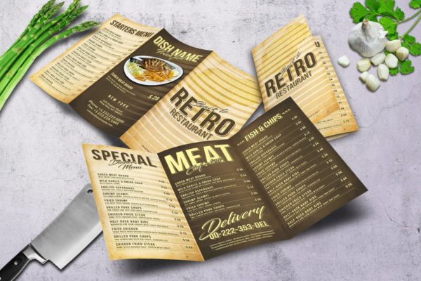 80年代复古三折页西餐厅菜单模板 80’s Retro Trifold A4 &amp; US Letter Menu
