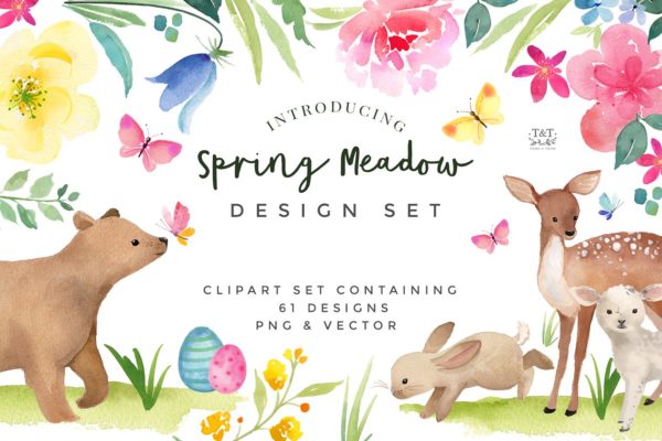 春天的大自然水彩剪贴画合集 Clipart Set – Spring Meadow
